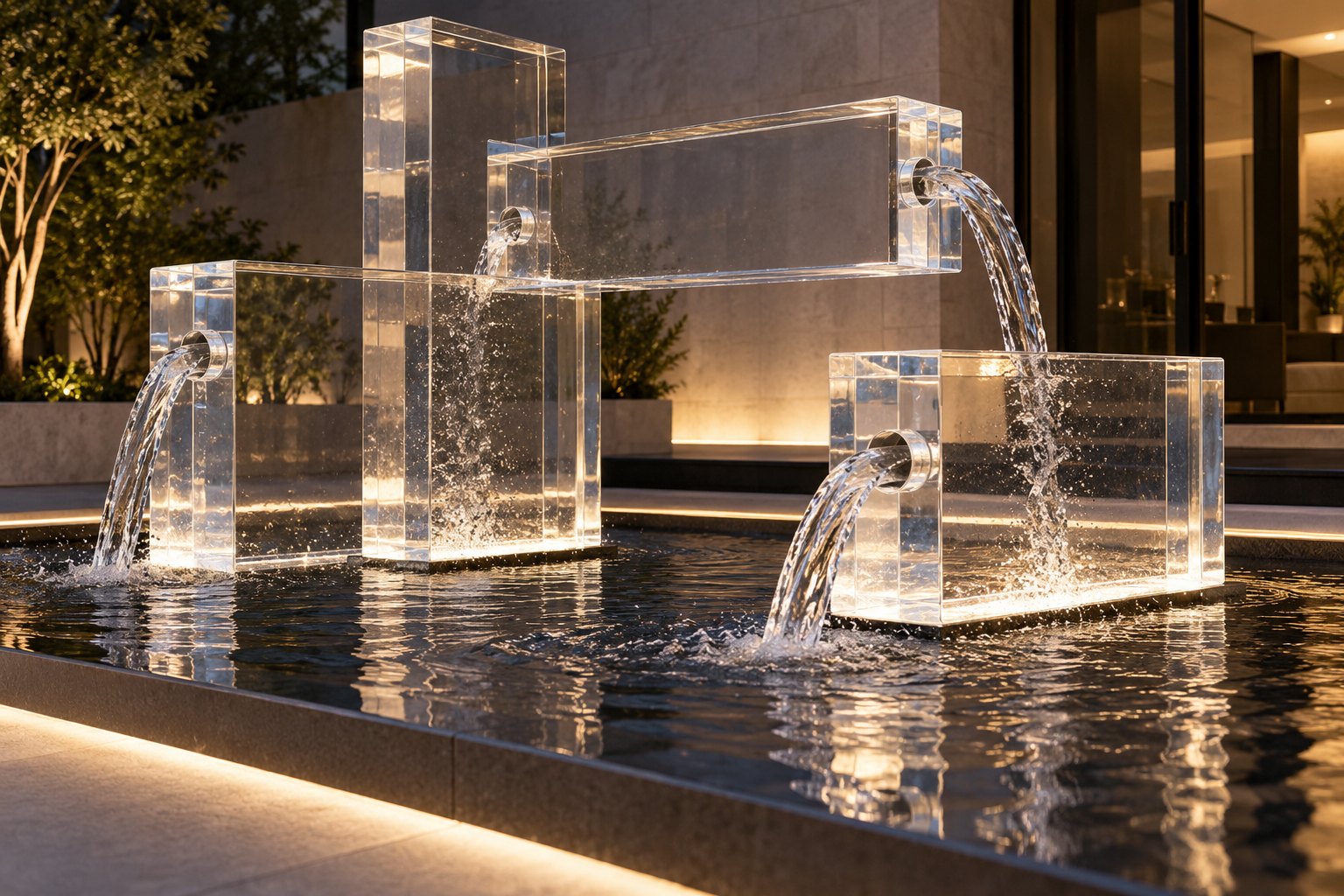Illuminated cascading acrylic water feature with water pouring from clear acrylic vessels into a reflecting pool at night