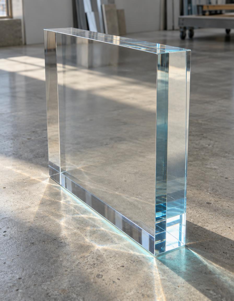 Optically clear monolithic cast acrylic block, three inches thick, with polished edges on a concrete fabrication floor