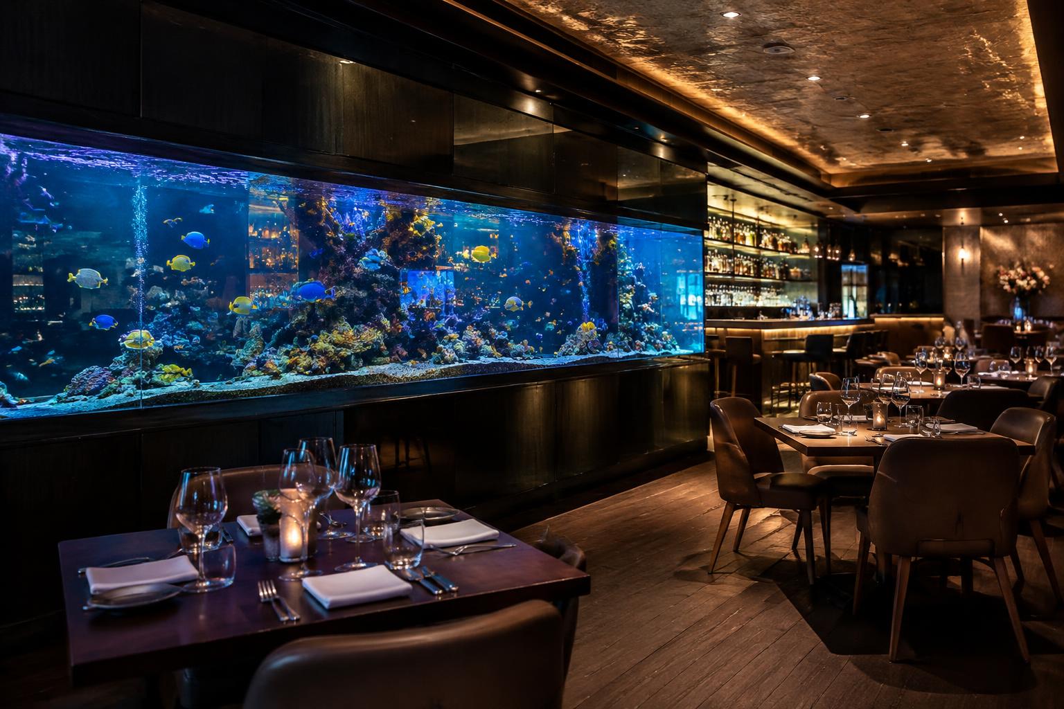 Restaurant dining room with a long built-in acrylic aquarium wall