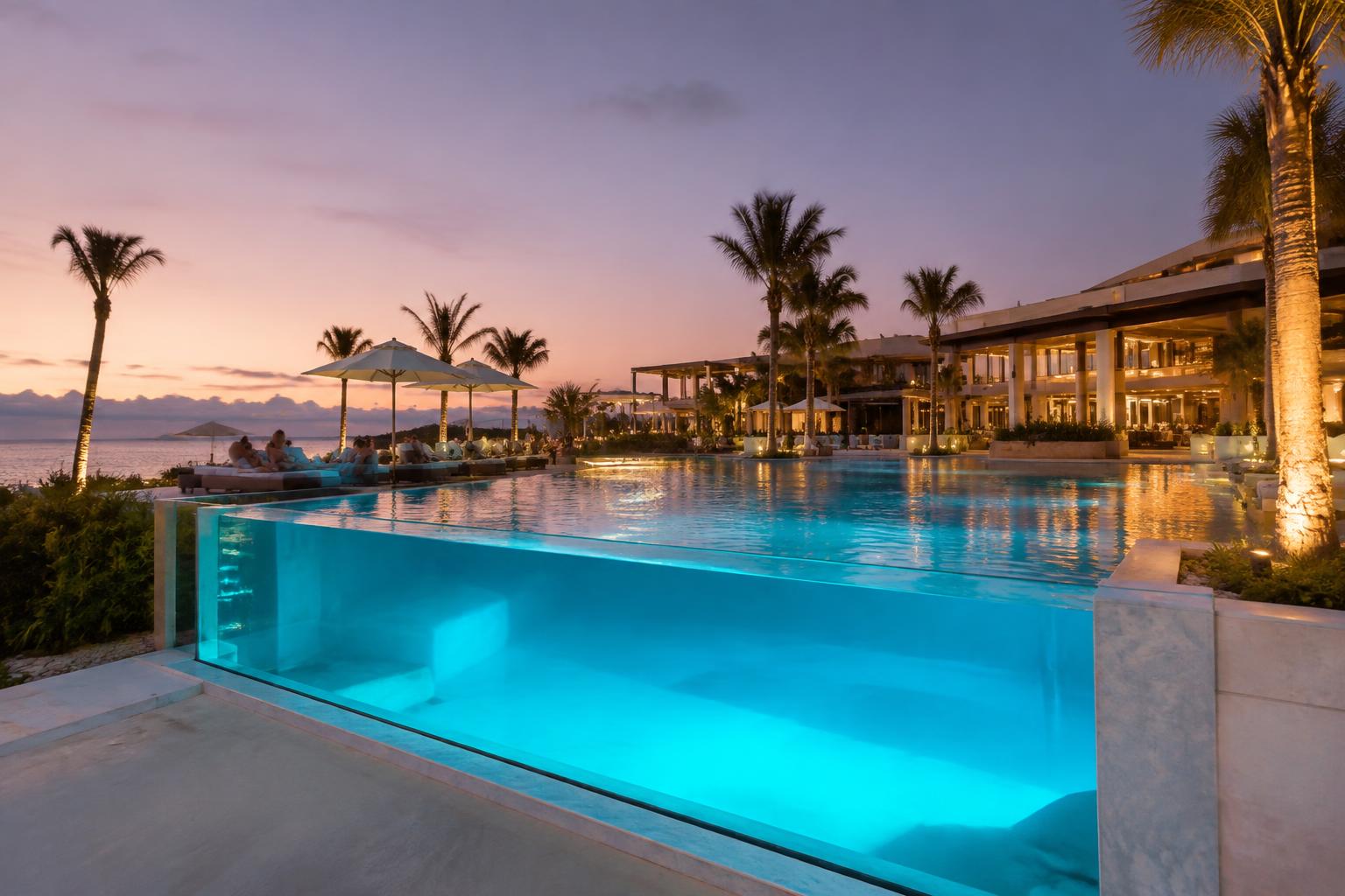 Resort pool at dusk with an illuminated acrylic viewing wall and palm trees
