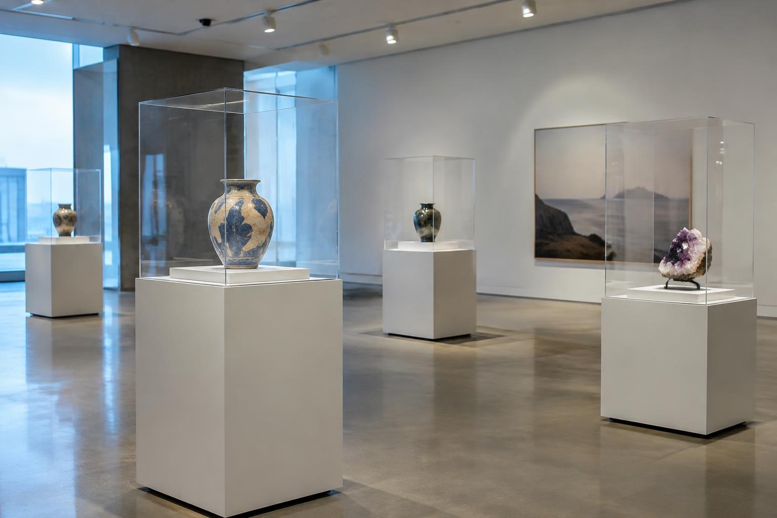 Museum gallery with clear acrylic vitrines displaying ceramics and mineral specimens