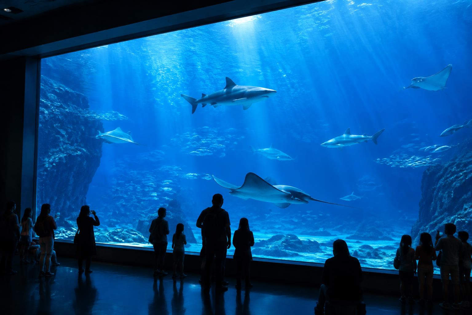 Visitors silhouetted against a massive acrylic exhibit window with sharks and rays in a public aquarium