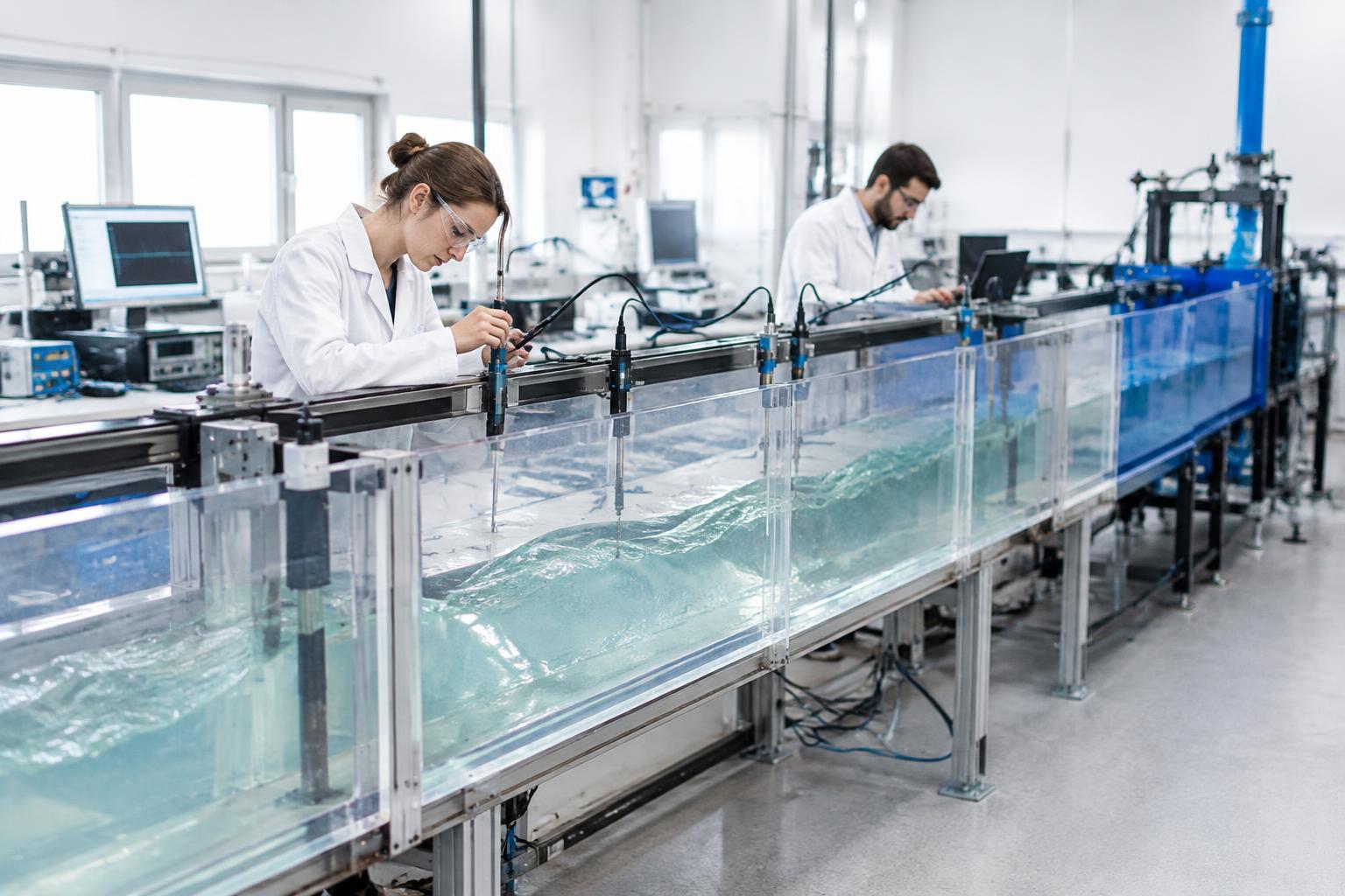 Researchers taking measurements along a long clear acrylic wave flume in a hydraulics laboratory