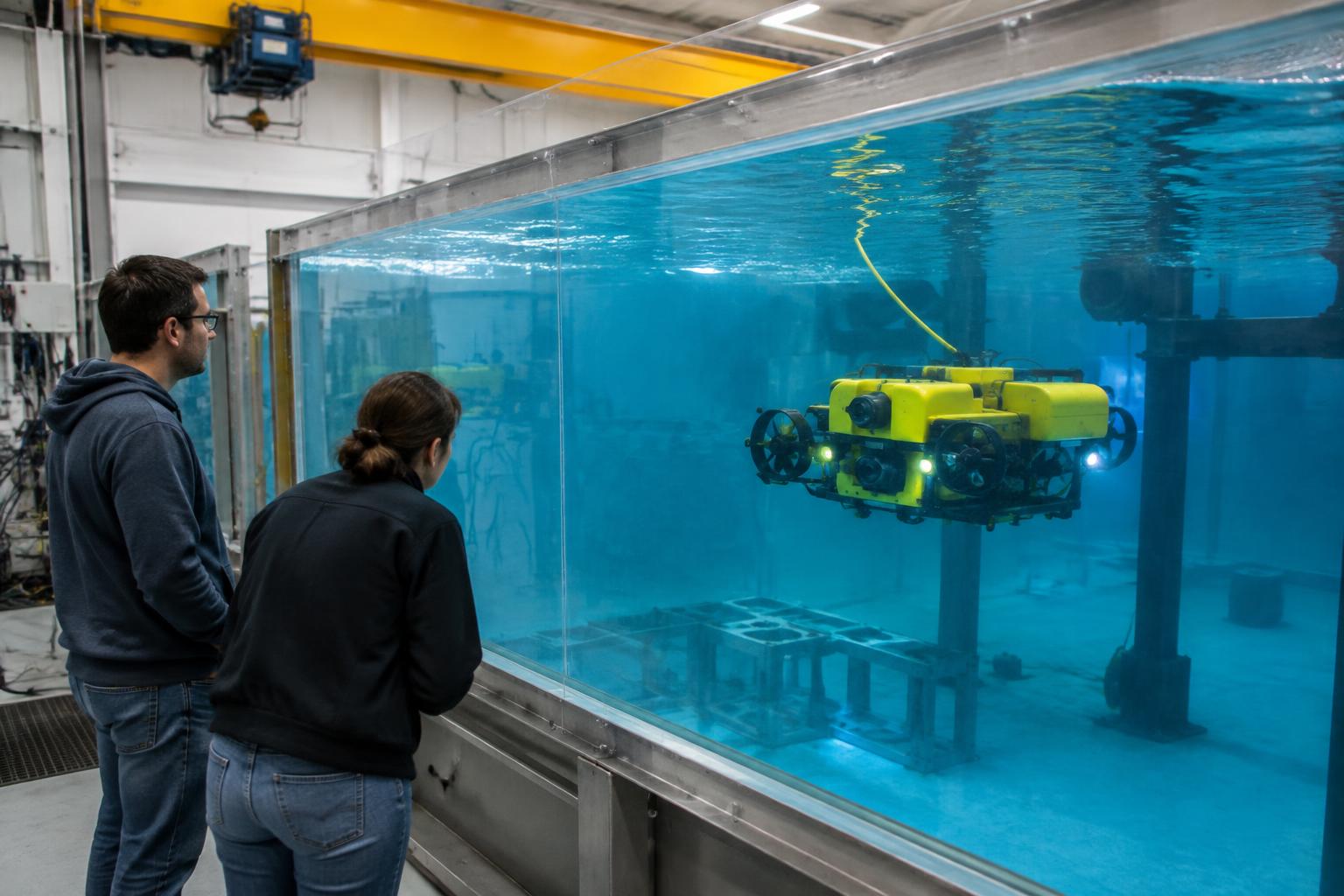 Engineers observing an ROV maneuvering inside a large acrylic test tank