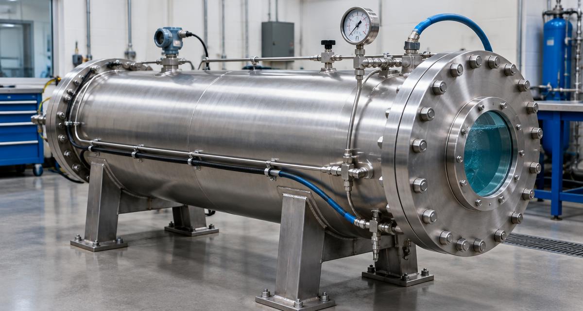 Illustrative steel underwater pressure testing vessel with a viewing port in an engineering laboratory