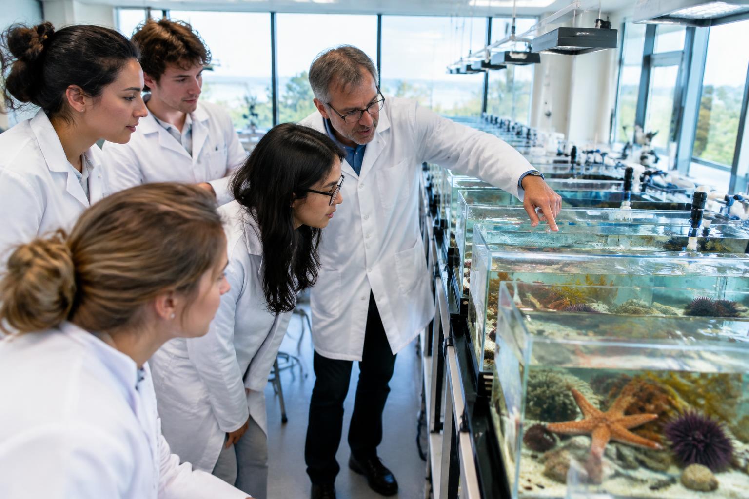Professor and students observing specimens in acrylic teaching tanks in a university wet lab