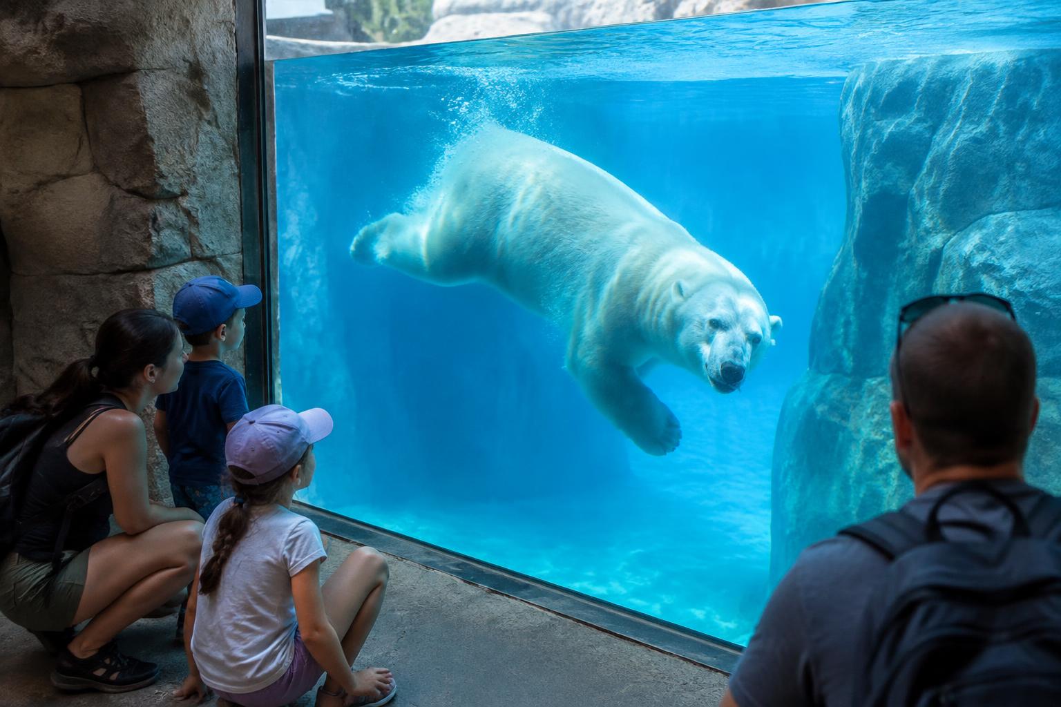 Polar bear swimming past a large acrylic underwater viewing panel at a zoo habitat